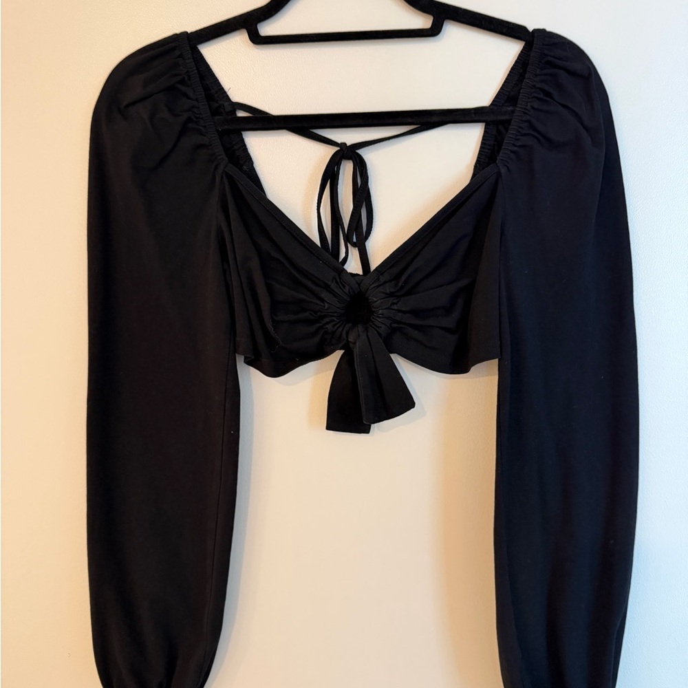 Black Long-Sleeve Tie-Front Crop Top